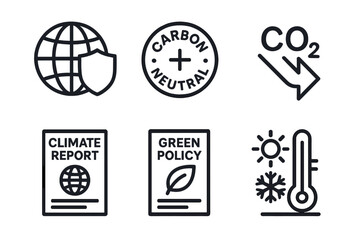 Sustainable icons set featuring carbon neutrality and green policy symbols