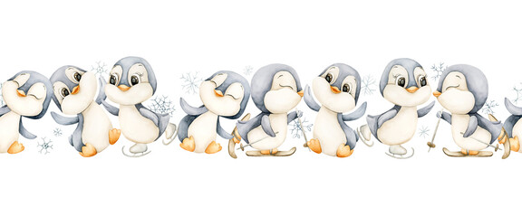 Cute Penguins Winter Fun Sports Seamless Border. Watercolor hand drawn illustration isolated on white background ski ice skates for north design Christmas holiday print baby kids fabric nursery banner