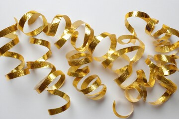 Metallic gold streamers and scattered confetti on white backdrop, top view for festive decor