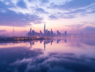 City skyline reflection at dawn with vibrant colors over the water