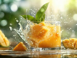 Fresh mango juice splashes in a glass with fruit pieces around in a sunny outdoor setting