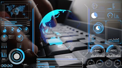 High-tech global network connection interface showing worldwide digital communication, data exchange, and internet connectivity. Global connection, data interaction, and worldwide communication. Thunk