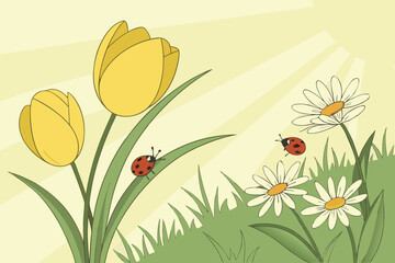 Welcome spring vector background with yellow flowers daisies and ladybugs