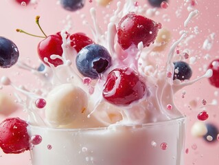 Fresh fruits splash in creamy milk against a pink background creating a vibrant scene of fun and flavor