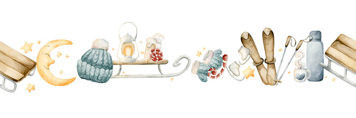 Sleigh, skis, ice skates, winter funs seamless border. Watercolor hand drawn illustration isolated on white background or cozy sport design Christmas card kids fabric holiday textile nursery banner