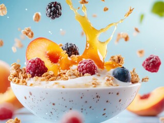 Delicious breakfast bowl with yogurt, granola, and fresh fruits splashing in the air