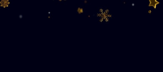 Abstract festive background with falling golden snowflakes and stars on a deep blue backdrop, perfect for winter and hol