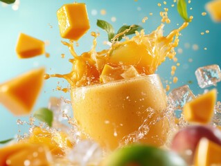Fresh mango smoothie splashing with vibrant fruit pieces on a bright background