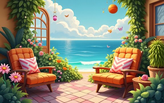 Summer selection, vibrant colors, joyful scenes, cozy setting, inviting. High quality