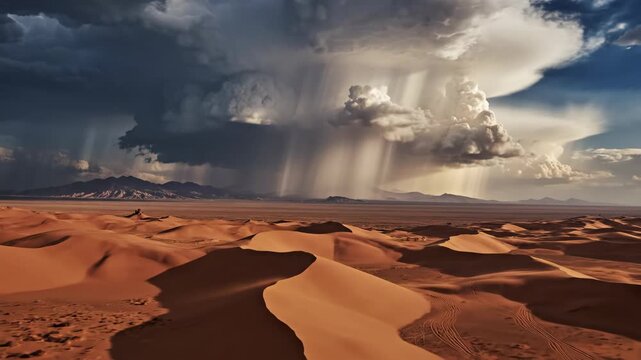 Desert storm dramatic landscape thunderous clouds and sunlight