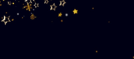 Obraz premium Abstract festive background with gold stars and snowflakes floating over a dark blue background. Perfect for holiday des