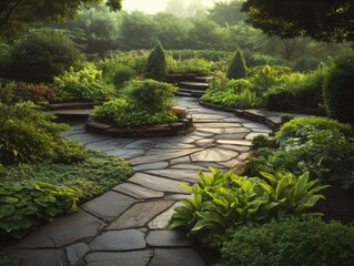 Lush garden path winding through vibrant greenery at sunrise with soft morning light illuminating the scene