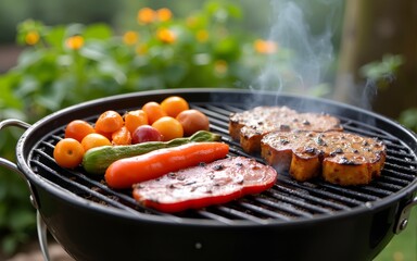 Colorful Barbecue Scene with Grills and Vegetation in Background. High quality