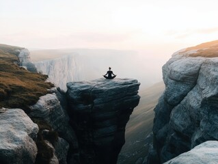 Meditating on a rocky cliff at sunrise in a peaceful mountain landscape