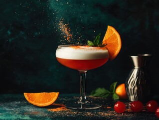 Refreshing cocktail with orange slice and cherry on a dark background during evening gathering