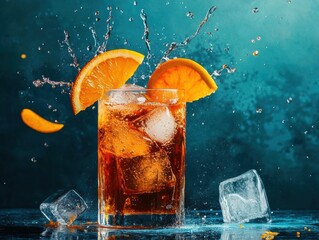 Refreshing cocktail splashes with ice and orange slices in a vibrant setting