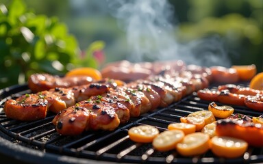 Colorful Barbecue Scene with Grills and Vegetation in Background. High quality
