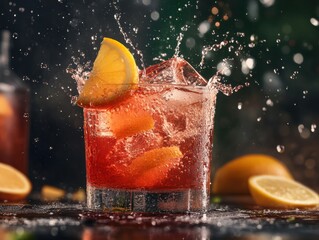 Refreshing cocktail with lemon and ice splashes on a dark background during a summer evening gathering