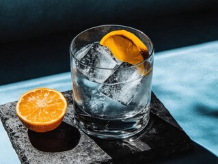 Refreshing drink with ice and orange slice on slate at a sunlit table