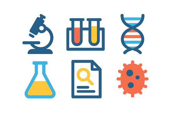 Scientific icons: microscope, test tubes, dna, beaker, document, virus symbol