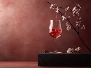 Delicate cherry blossoms enhance a pink drink against a textured backdrop in a serene setting