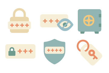 Security icons featuring lock, eye symbol, safe, and key on digital background