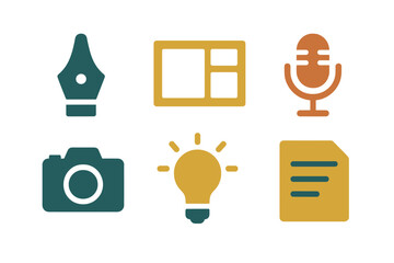 Colorful graphic icons of pen, camera, microphone, light bulb, document