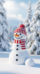 Fototapeta premium Cheerful snowman wearing red and white striped scarf and hat stands in snowy landscape surrounded by evergreen trees, embodying festive spirit of Christmas and New Year celebrations