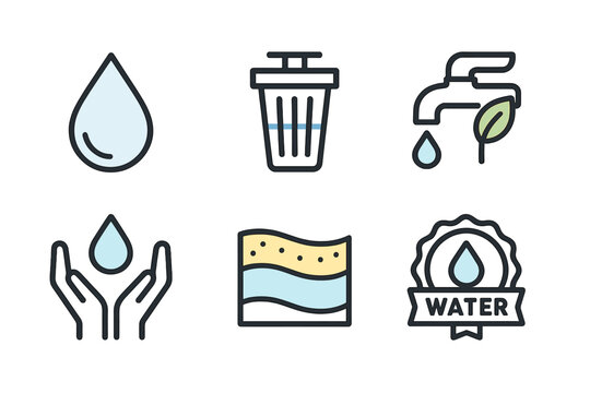Water conservation icons with drop, tap, and waste management symbols