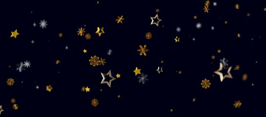 Abstract festive image featuring glittering stars and snowflakes against a dark blue background. Perfect for holiday the