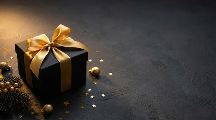 black gift box with gold bow, scattered gold stars