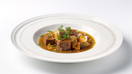 Hearty beef stew with root vegetables and fresh herbs served in a white ceramic bowl