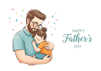 Father holding his sleeping daughter with confetti and happy fathers day text