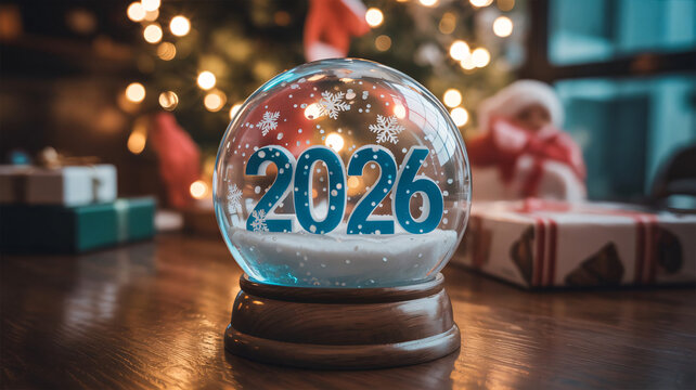 Festive snow globe with 2026 and christmas tree holiday background