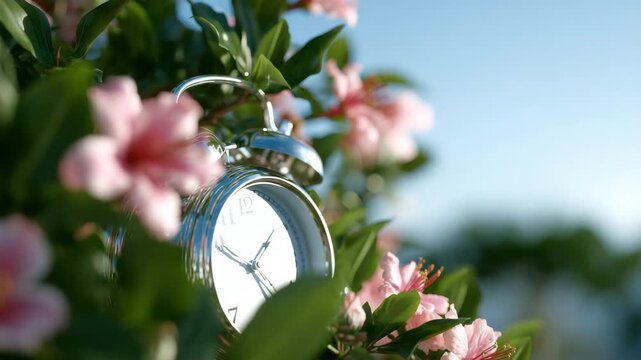 Silver Alarm Clock Surrounded by Pink Blossoms and Green Foliage Against a Serene Blue Sky in Soft Lighting with Focus on Time and Nature for Peaceful Serenity