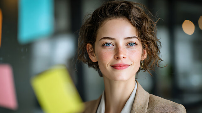 Confident professional woman smiling in modern office setting with colorful notes in the background.