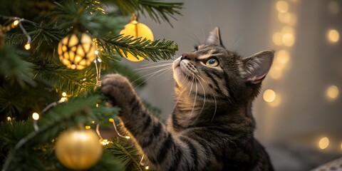 Adorable kitten curiously explores shimmering Christmas tree ornaments in a cozy, festive home setting, perfect for holiday greeting cards