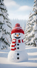 Fototapeta premium Cheerful snowman wearing red and white striped scarf and hat stands in snowy landscape surrounded by evergreen trees, embodying festive spirit of Christmas and New Year celebrations