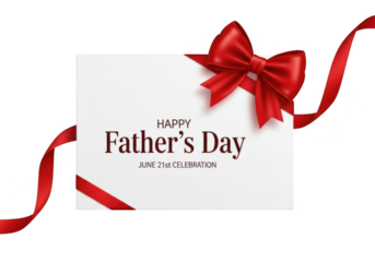 A festive fathers day card with happy fathers day text and june 21st celebration below, adorned with a red ribbon and bow