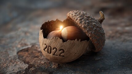 A close up of a nut shell with a light shining in it