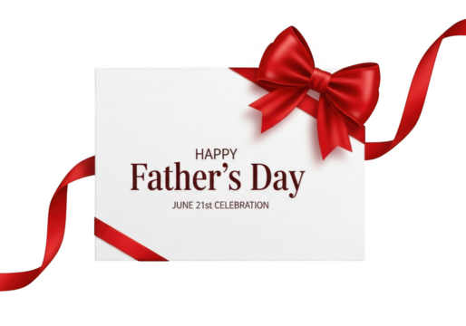 A festive fathers day card with happy fathers day text and june 21st celebration below, adorned with a red ribbon and bow