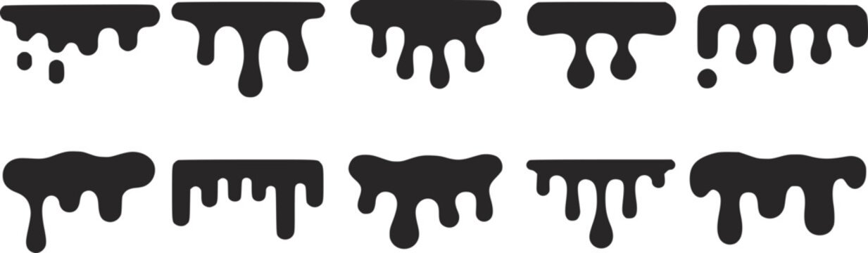 Ten dark gray dripping liquid shapes on white background