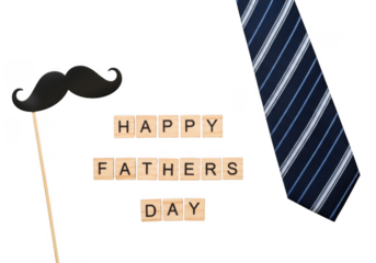 Happy fathers day message with a mustache prop and a striped tie