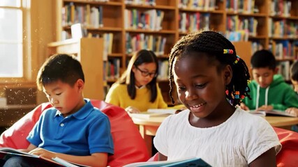 Diverse group of elementary school children happily reading books while sitting in a bright, sunlit library or classroom setting - Powered by Adobe