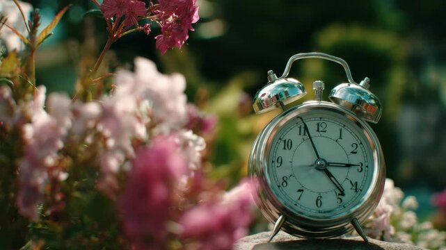 Analog Clock Surrounded By Pink Flowers Standing on a Stone in a Garden with a Blurry Green Background Under Natural Lighting Time Concept