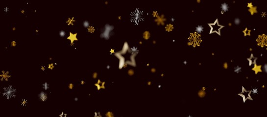 Elegant abstract background with gold and silver stars and snowflakes on a dark backdrop. Ideal for festive designs.