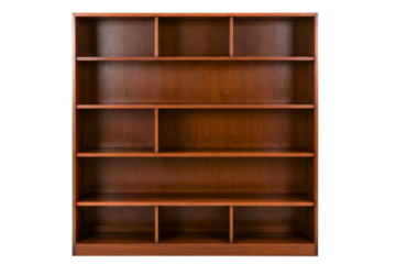Brown wooden bookshelf with multiple empty compartments on a transparent background