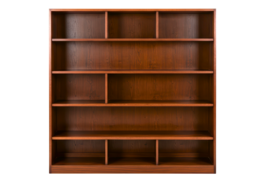 Brown wooden bookshelf with multiple empty compartments on a transparent background