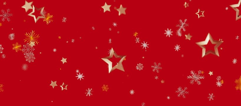 Christmas background with golden stars and snowflakes on a vibrant red backdrop. Perfect for holiday designs, greeting cards - Powered by Adobe