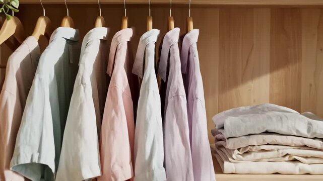 Open wooden wardrobe with pastel linen shirts hanging and folded clothes stacked on shelves with a woven basket below
